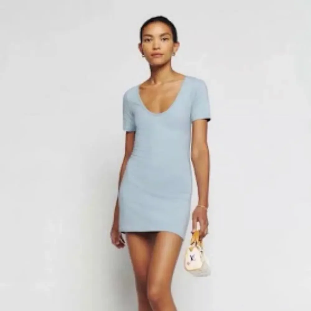 Reformation Aubriella Knit Mini Dress XL Light‎ Blue Organic Cotton Minimalist